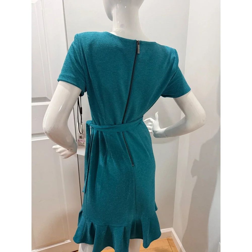 Calvin Klein Teal Shimmer Faux Wrap Ruffle‎ Cocktail Dress Size 6